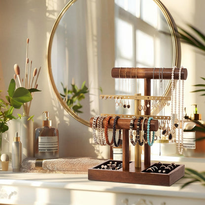 RattanView 3 Tier Bracelet Holder Display with Earring Holder Organizer T-bar Bangle Storage Rack Wooden Jewelry Organizer Stand Gifts for Bracelet Necklaces Earrings Rings Watches Storage Displays