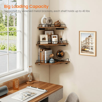 Homode Corner Shelf Wall Mounted Set of 3, Corner Floating Shelves 9/10/12 Inch Deep, Wood Round Corner Hanging Display Shelf with Guardrail for Bathroom Bedroom Kitchen Living Room, Rustic Brown