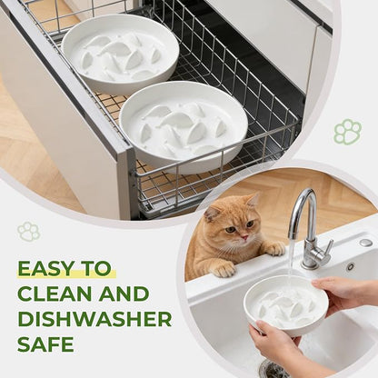 Raised Slow Feeder Cat Bowl with Stand, 6.3'' Wide Ceramic Elevated Shallow Slow Eating Cat Bowl for Dry/Wet Food, Anti-Vomiting Pet Puzzle Feeder, Whisker Friendly, Dishwasher Safe (2 Pack) | Anti-Gulping & Keep Fit, Dishwasher Safe, For Dry and Wet F...