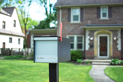 Architectural Mailboxes MailMax Post Mount Mailbox, Black, Large | Modern galvanized steel and aluminum build with rust-resistant powder-coat finish and a magnetic door closure. USPS approved.