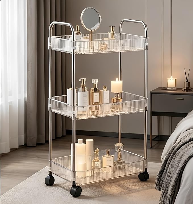 Sooyee Clear 3-Tier Plastic Rolling Utility Cart with Wheels, Multi-Functional Storage Trolley for Office, Living Room, Kitchen, Movable Storage Organizer with Wheels
