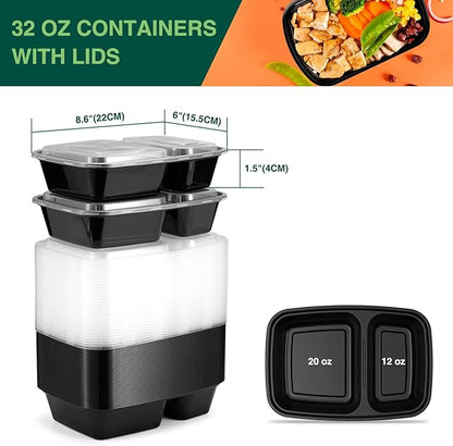 Glotoch Express 300 Pack 32oz Black 2 Compartment Square Meal Prep Containers