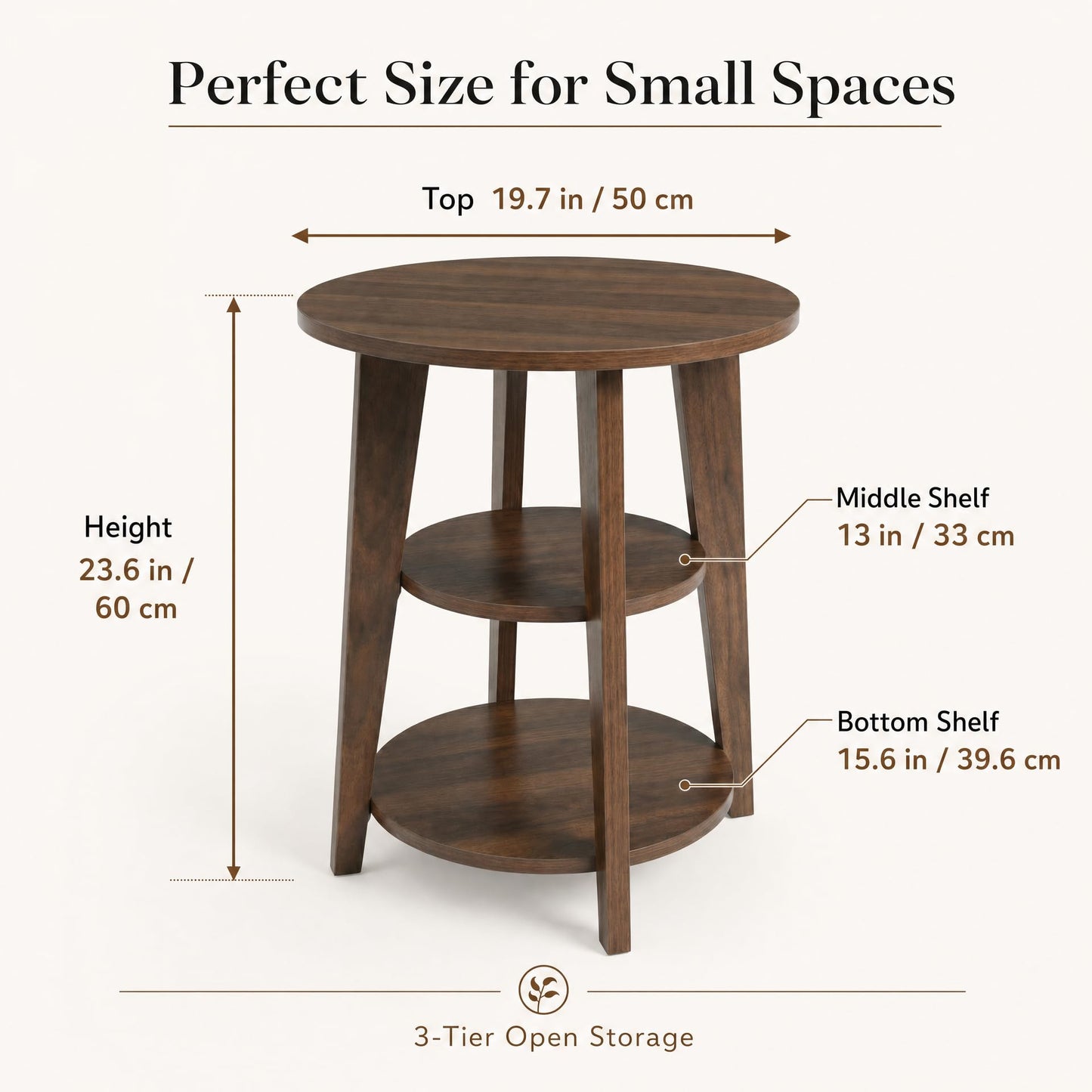 DURISEN 3-Tier Round Side Table,23.6" Tall End Table with Storage Shelves