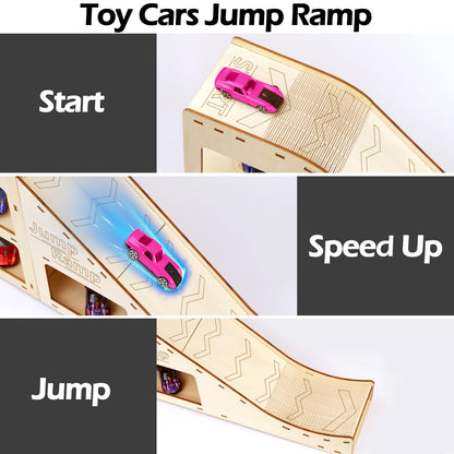 Wooden Toy Cars Jump Ramp, Toy Car Track Set for Hot Wheels, Race Cars Track for Hot Wheels and Diecast Cars, Wood Jump Ramp for Hotwheels, Playing Storage Display Race Set