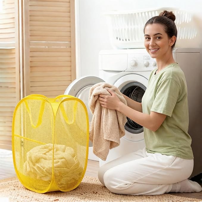 The upgraded pop-up laundry basket features a breathable side pocket mesh design