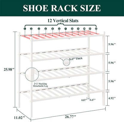 Smiry Bamboo Shoe Rack, 4 Tier Free Standing Wooden Shoe Organizer, Stackable Wood Shoe Storage Shelf for Closet, Entryway, 12 Vertical Slats, 2+2 Stack Standard Legs, 26.8"x11"x26", White