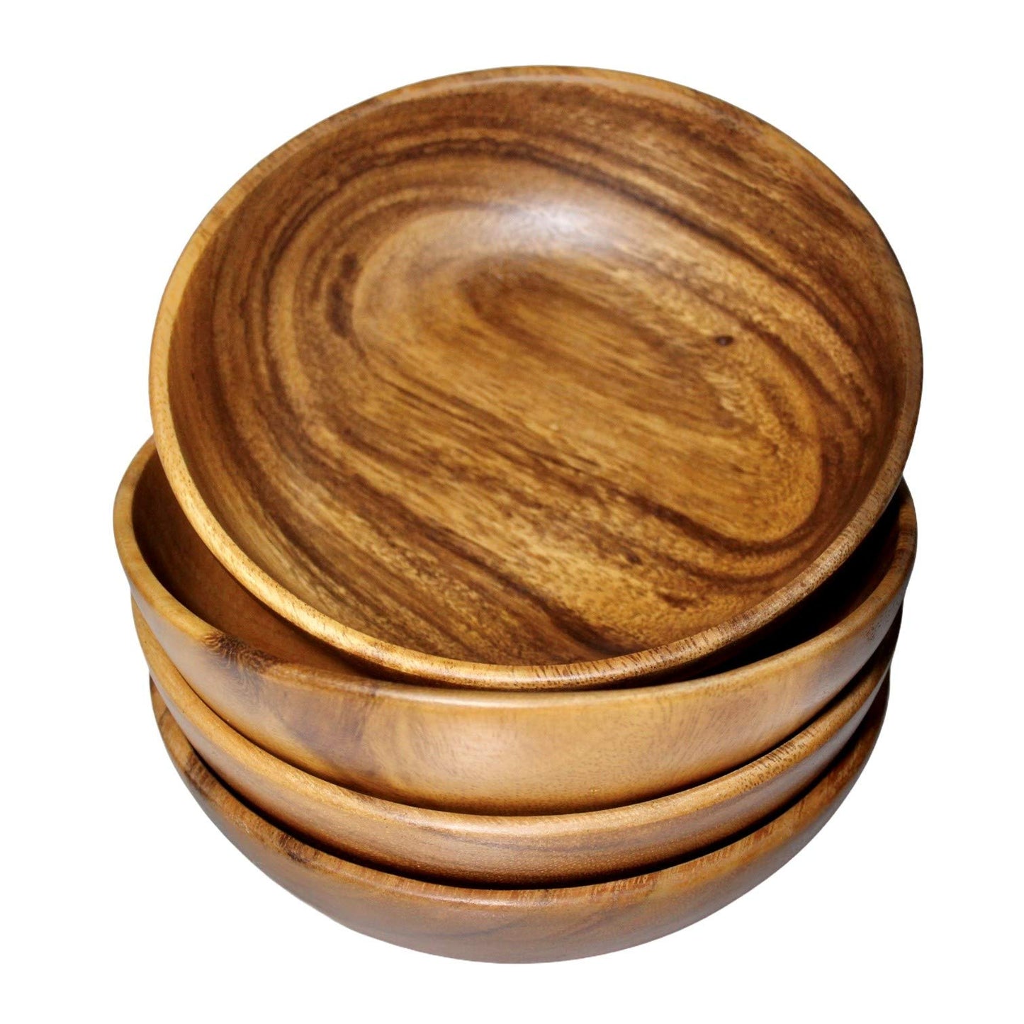 WRIGHTMART Wooden Bowls for Food Set of 4, 7 Inch Solid Acacia Wood Bowls, Joint-Free Wooden Salad Bowls, Non Laminated Handmade Bowls for Cereal, Fruit & Pasta