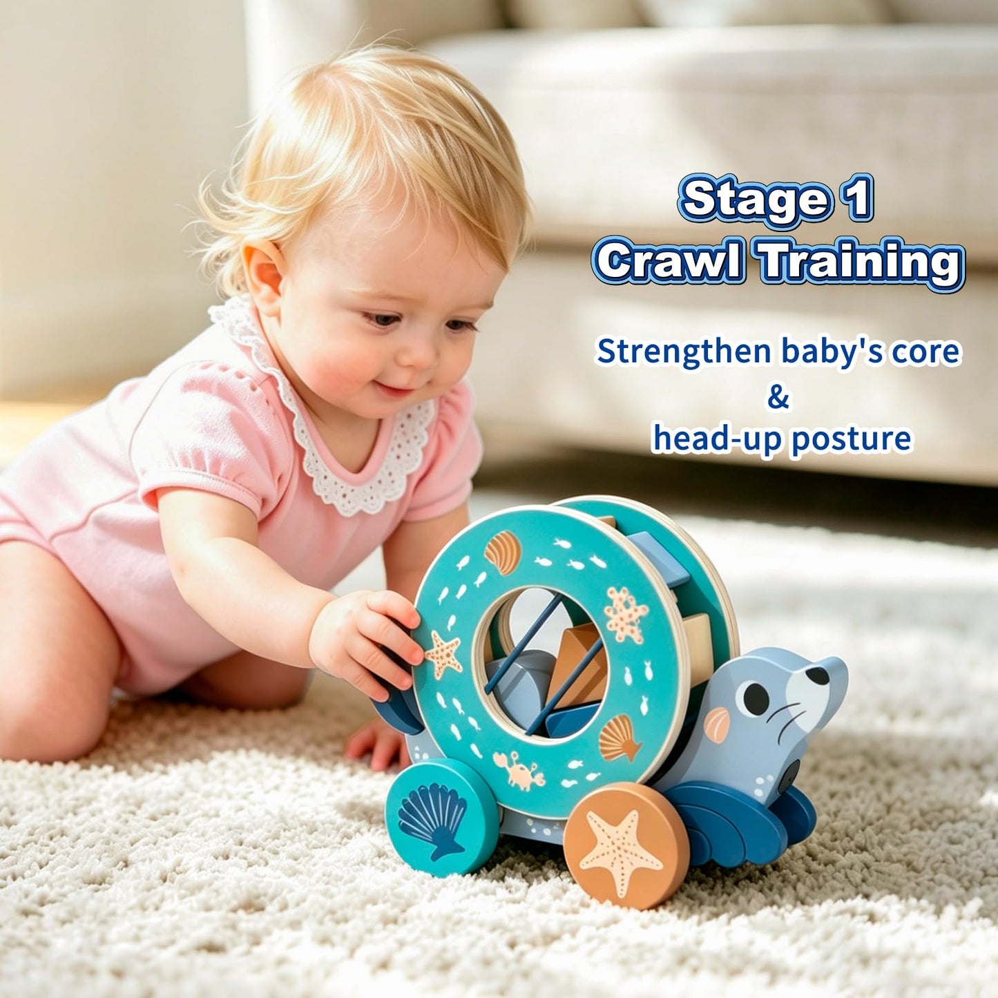 LOVELAND Wooden Seal Pull Along Toy, 3-in-1 Interactive Walker for Toddlers 1-3 with Rattle Ball & Shape Sorter, STEM Educational Push Pull Walking & Crawling Toy for Baby Boy Girl Birthday Gifts