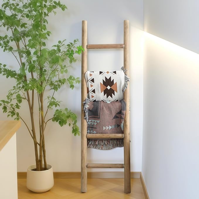 Wooden Blanket Ladder - 57in Natural Wood Color- Leaning Wall Decor for Bedroom, Bathroom, Living Room - Rustic Quilt Holder (Natural Wood Color, 57in | Knock Down)