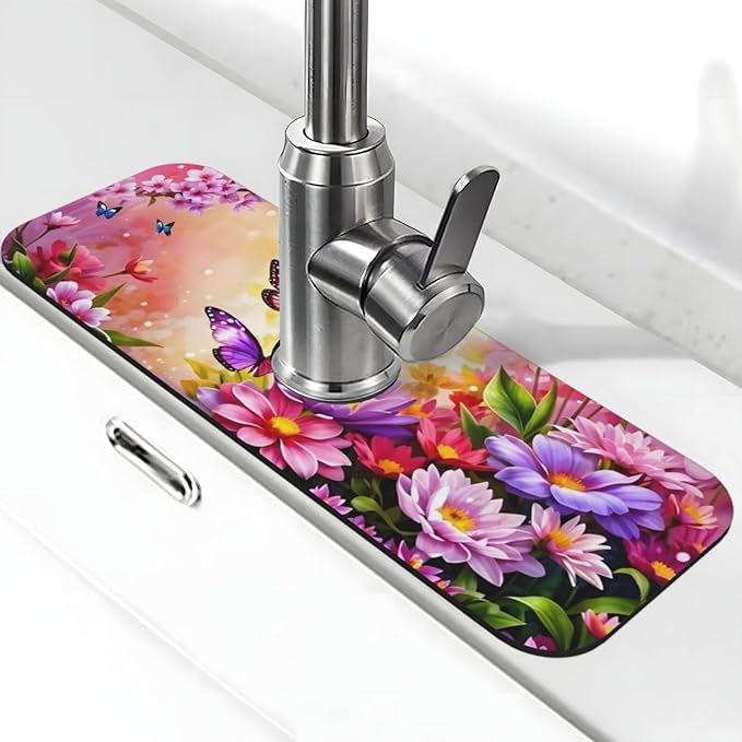 Pink butterfly flower Kitchen sink faucet pad, strong water absorption