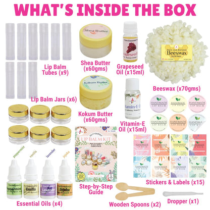 Kalakaram DIY Lip Balm Making Kit - Make 15 Lip Balms with Shea & Kukum Butter, Beeswax, Vitamin E Oil, Grapeseed & Essential Oils, DIY Activity Kit for Kids & Craft Kit for Girls 9-12