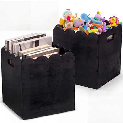 LemonRoad 2 Pcs 11 Inch Wooden Storage Bins with Scalloped Edge Stackable Wooden Storage Cubes Black Decorative Wood Crates for Book Shelves Vinyl Records, Pantry Closet Toys, Easy Assembly