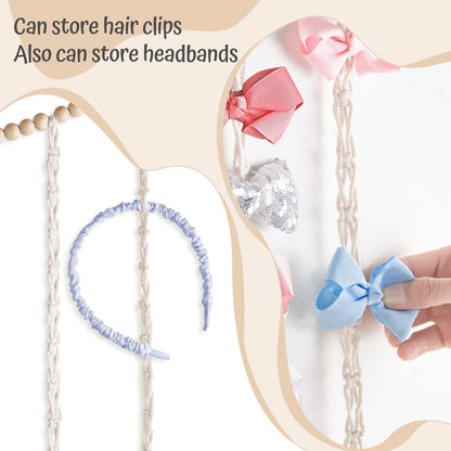 Dahey Macrame Bow Holder Hanging Hair Bow Organizer for Baby Girls Boho Wall Decor Handmade Headband Holder with wood beads Storage Hair Clips for Baby Nursery Room,1 PCS, Clips and Bows Not Included
