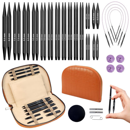 Yarniss 15 Pairs Circular Knitting Needle Combo, 4.5-Inch Round Knitting Needle 3.0~8.0mm, 2.16-Inch Shorties Needles US Size 2.5-10, Interchangeable Aluminum Cable Needles with Case