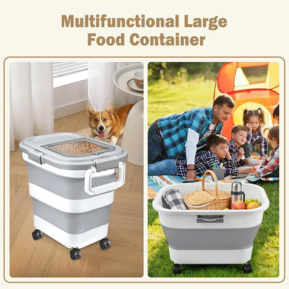 Komzon Rice Storage Container, Collapsible Airtight Food Storage Containers 6-20 Lbs, Rice Dispenser Bin with Cup and Scoop for Flour Cereal Pasta Grain, Cat Bird Pet Dog Food Storage Container