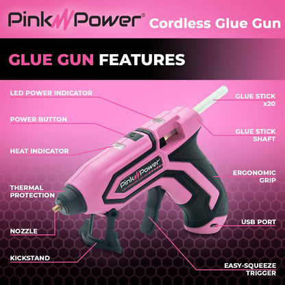 Pink Power Mini Cordless Hot Glue Gun Kit with Stand – 20 Sticks, Battery Powered, Wireless, Fast Heating, USB Rechargeable, Portable Glue Gun for DIY Crafts, Home Repairs, and School Projects