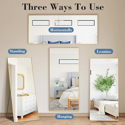 NEWBULIG Mirror Full Length, 56"x21" Body Wall Mirrors with Shatter-Proof Glass, Upgraded Floor Standing Mirror, Hanging or Leaning, with Stand Aluminum Alloy Frame for Home Decor, Bedroom, Gold