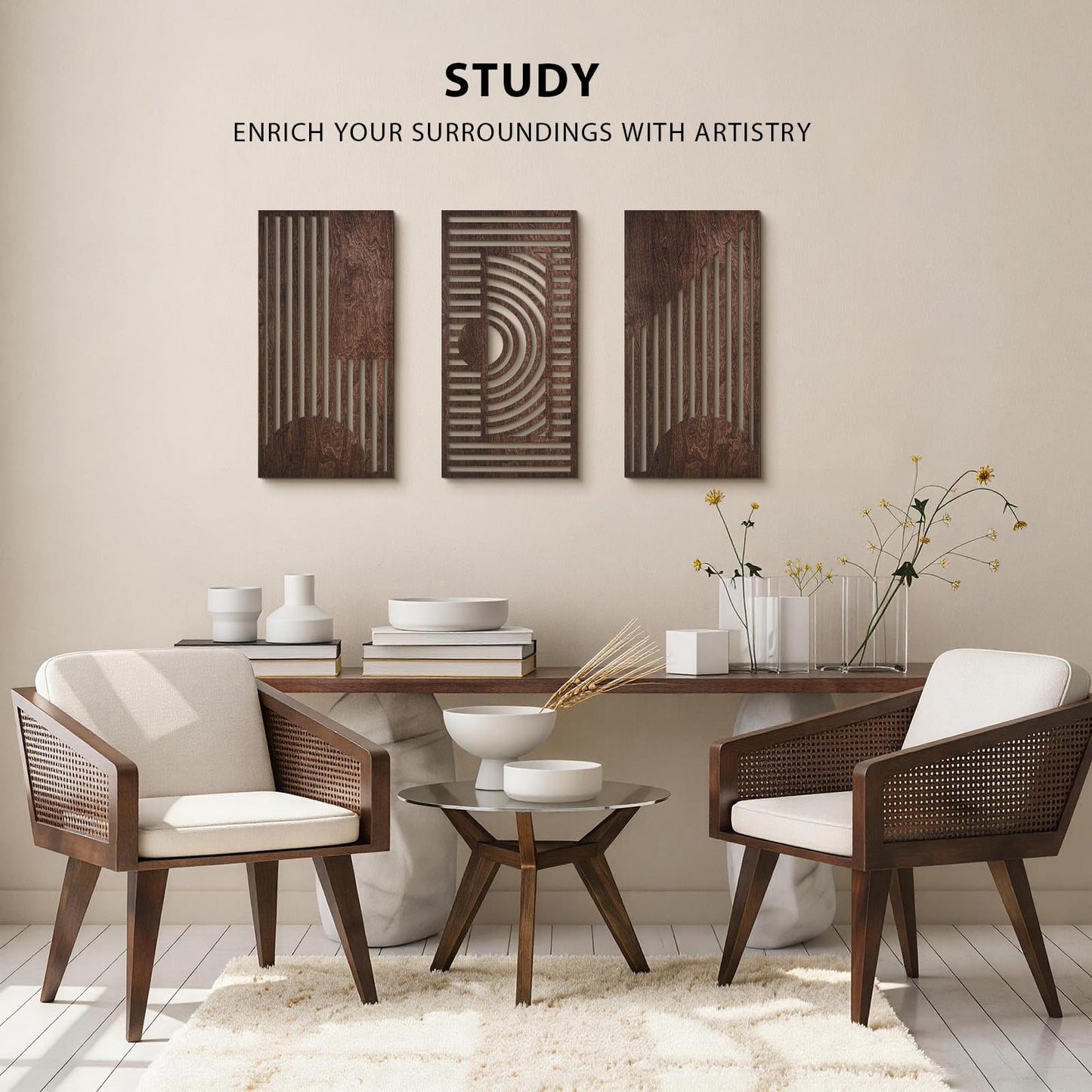 VIYYIEA Boho Solid Wood Carved Wall Art Set of 3, Geometric Minimalist Wooden Home Decor Panels, Handcrafted Solid Wood Wall Hanging for Living Room Bedroom Hallway, 16 x 8 Inch Each (Geometry I)