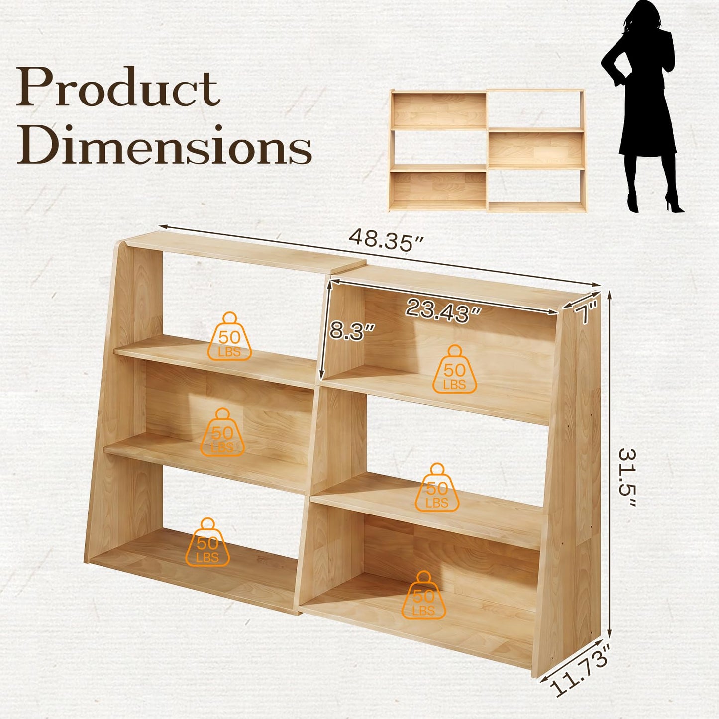 HOTAMO Expandable Solid Wood Bookshelf, 48.35" L x 11.73" D x 31.5" H Extendable Shelf Bookcase with Adjustable Design, Narrow Display Shelf for Bedroom, Living Room, Home Office, Natural Wood