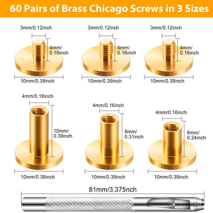 Hotop 60 Pairs Gold Chicago Screws Brass Chicago Screws Solid Rivets for Belts Binding Stud Tools Leather Fasteners Rivets Belt Strap with Hole Punch Tool for DIY Jean(Gold,Mixed Size)