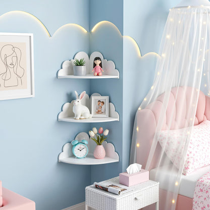KongTiva Cloud Floating Corner Shelves, Set of 3 Cloud Corner Floating Shelves Wooden Cute Wall Mounted Shelf Clouds Dispaly Shelf for Toys Plants & Storage