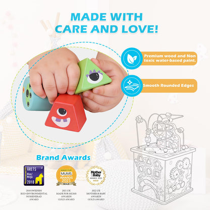 Udeas Pre-Assembled 9 in 1 Large Wooden Activity Cube. Educational Learning Toy for Kids with Bead Maze, Shape Sorter and Music Gears and More. for Toddlers 18 M+. Birthday Gifts for Boys and Girls