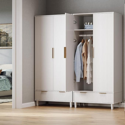 VINGLI Fluted Wardrobe Closet Armoire with Doors And Drawers, White Wardrobe Cabinet with Hanging Rack, Bedroom Closet Wood, Free Standing Armoire with Shelf and Solid Wood Legs, 31.5"W*19.7"D*69.3"H
