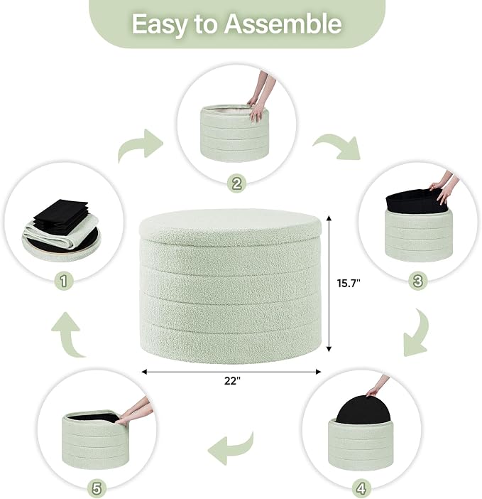B FSOBEIIALEO Ottoman with Stroage, Round Sherpa Storage Ottoman Stool, Boucle Foot Rest22 x 22"x15.75"（Green