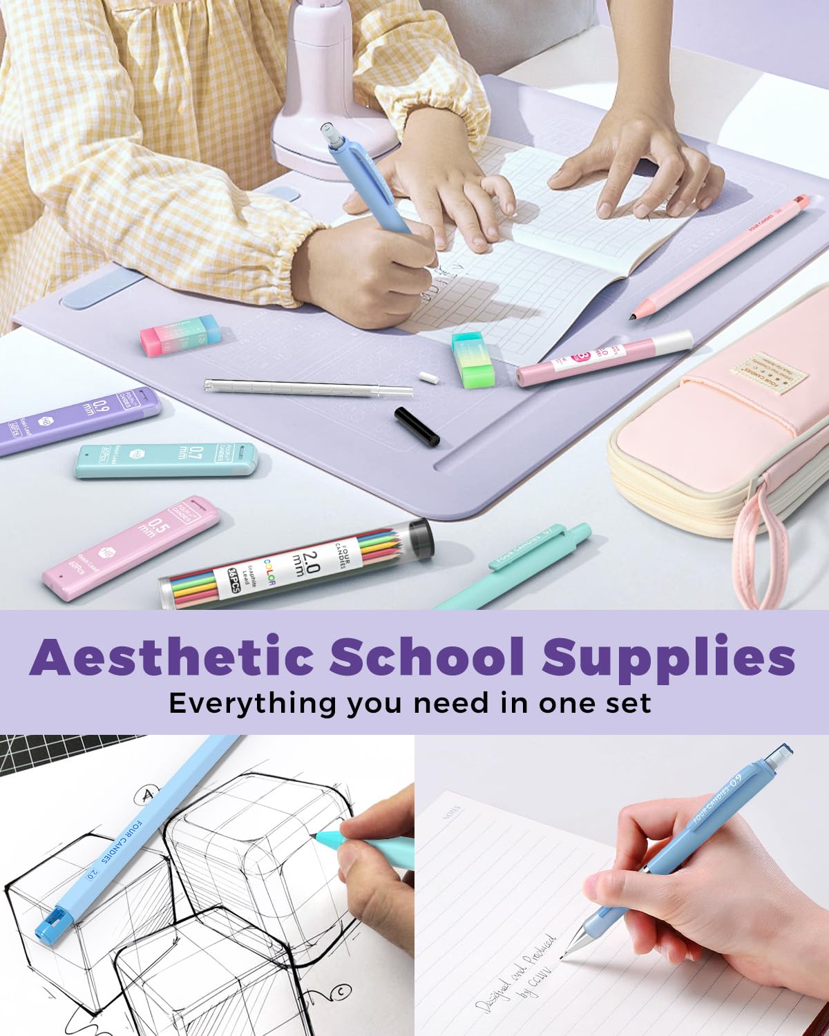 Four Candies 36PCS Aesthetic School Supplies, Mechanical Pencils 0.5mm, 0.7mm, 0.9mm & 2.0mm with 624PCS Lead Refills, Cute Mechanical Pencils for Writing, Drawing & Drafting (Pink)
