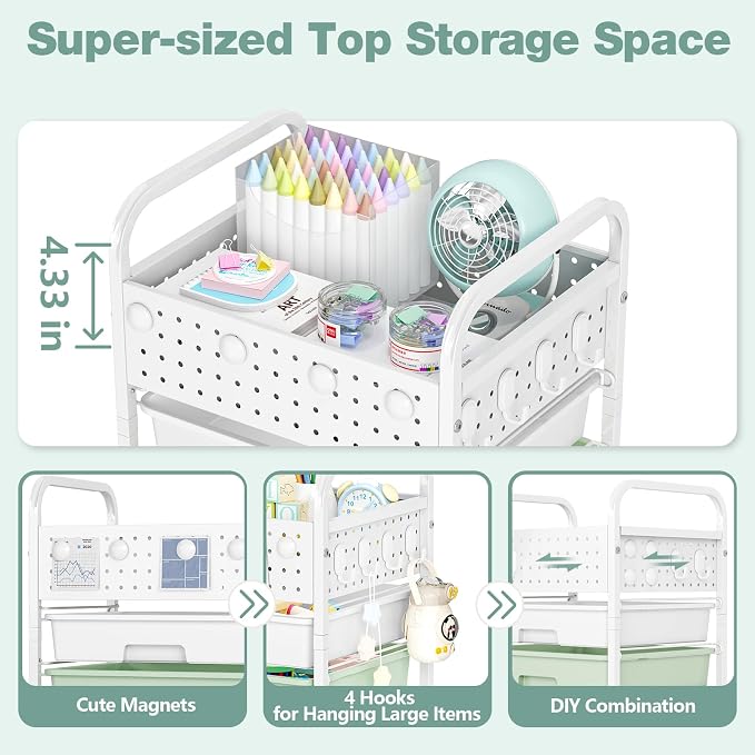 4 Drawer Rolling Storage Cart with Pegboard Top and Hooks, Mobile Organizer Cart with Wheels for Office Supplies, Craft Storage, Classroom Organization, Home Utility Cart, Gradient Green