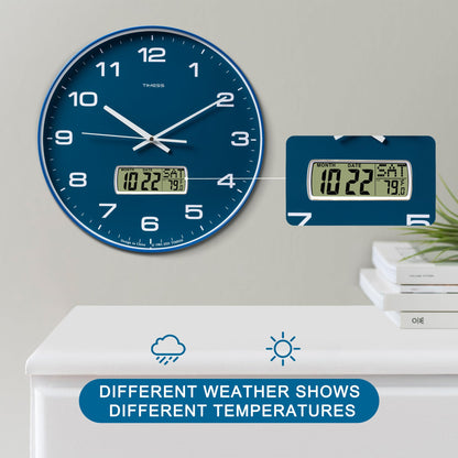 TIMESS Wall Clock, 14" Large Dial Non-Ticking Silent Battery Operated Analog with LCD Display for Perpetual Calendar and F° Temperature, Ideal Modern Home, Bedroom, Kitchen, Office Decor (Blue)