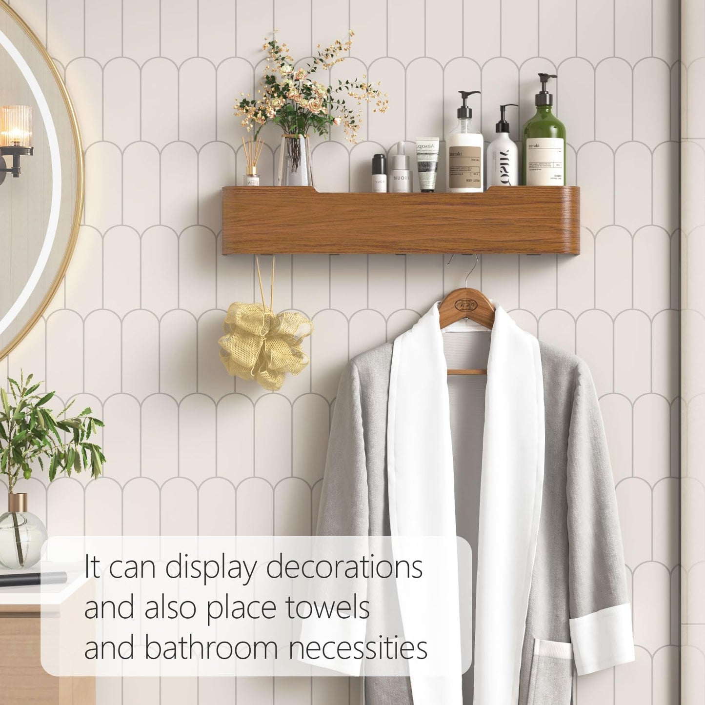 Jadoxy Coat Rack Wall Mount with Hidden Hooks Modern Key Holder Wood Entryway Hook with Shelf for Bedroom Kitchen Hallway Bathroom Designed for Hanging Coats Hats Bags Towel Dog Leashe(Walnut,5 Hooks)