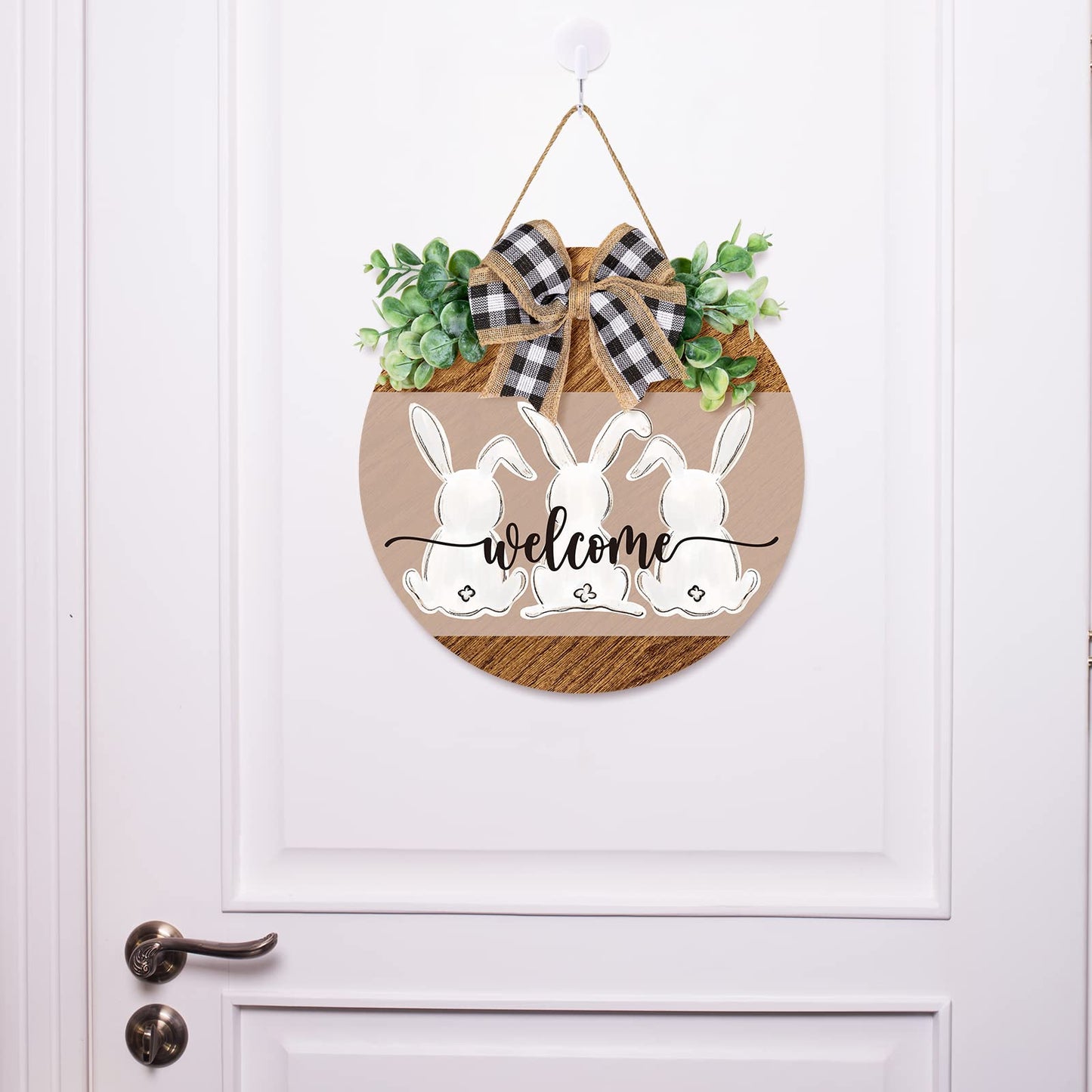 Whaline Easter Wooden Hanging Sign Bunny Rabbit Welcome Sign Door Decoration with Bow Rustic Easter Wood Wreath Sign for Spring Holiday Home Coffee Shop Bakery Farmhouse Window