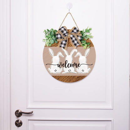 Whaline Easter Wooden Hanging Sign Bunny Rabbit Welcome Sign Door Decoration with Bow Rustic Easter Wood Wreath Sign for Spring Holiday Home Coffee Shop Bakery Farmhouse Window