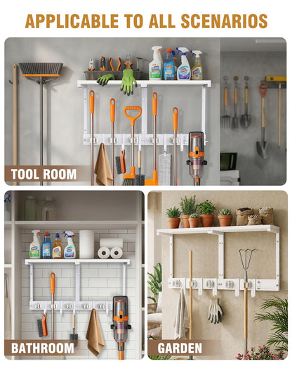 Broom Holder Wall Mount with Top Wooden Shelf, Heavy Duty Metal Cleaning Supplies Broom Hanger with Vacuum Organizer and 5 Slots & 5 Hooks for Laundry Garage Tool Storage Kitchen (Large, White)