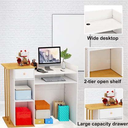 Reception Desk, Reception Counter with Drawers and Storage Shelves, 39 inch Retail Counter for Checkout with Cable Grommet, Suitable for Salons, Beauty, Clothing Stores,Thickened Wooden Board