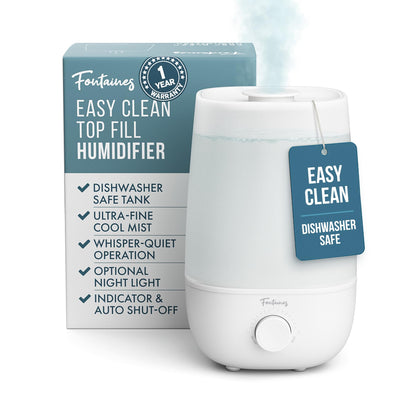 Fontaines Luxury Top-Fill Humidifiers for Bedroom, Cool Mist 360° Ultra-Fine Spray, Whisper-Quiet, Dishwasher-Safe Tank, Nightlight & Auto Shut-Off, Easy Clean Baby Nursery