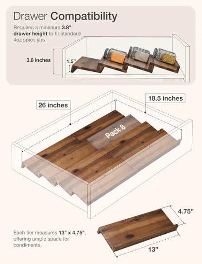 Tinamo Wood Spice Drawer Organizer - Acacia Wooden Tray Spice Racks Organizer for Cabinet Storage Shelf - 4 Tier Spice Rack for Drawer 32 Jars (Pack 4)