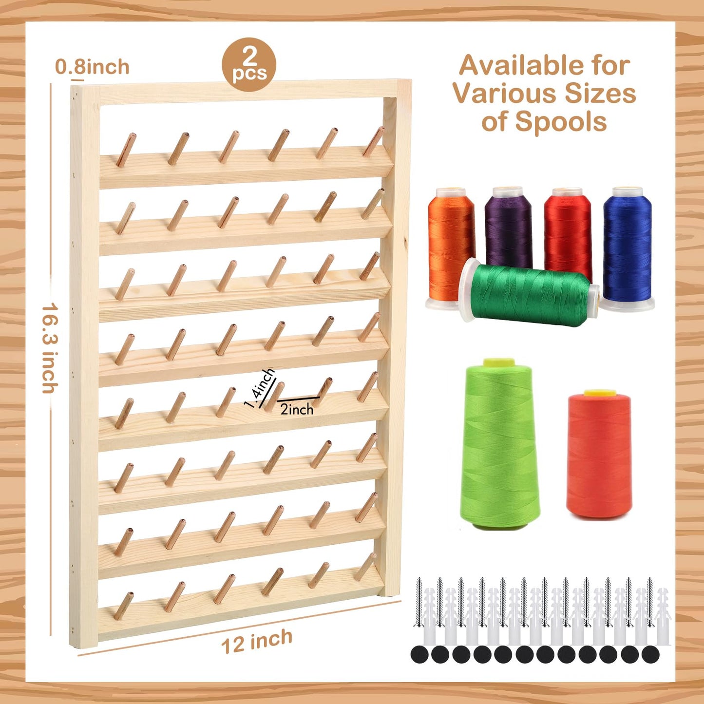 Yahenda 4 Pack 48 Spool Wooden Thread Holder Wall Mounted Thread Rack with Hanging Hooks Organizer for Mini Sewing Quilting Jewelry Embroidery