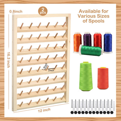 Yahenda 4 Pack 48 Spool Wooden Thread Holder Wall Mounted Thread Rack with Hanging Hooks Organizer for Mini Sewing Quilting Jewelry Embroidery