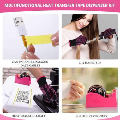 Kosiz 20 Pcs Heat Tape Dispenser Set 6 Multi Size Heat Tape for Sublimation 2 Press Gloves Resistant with Silicone Bumps Mini Cutter Pen Set Nonskid Weighted Base Holder(Rose Red)