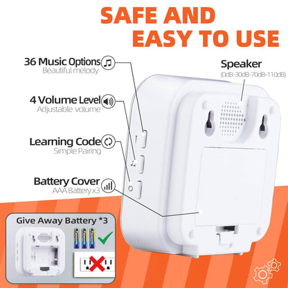 Wireless Doorbell 1200 Feet Battery Operated Wireless Doorbells for Home Hearing Impaired Doorbell at with 36 Melodies 4 Volume light（1 Button & 1 Portable doorbell White)
