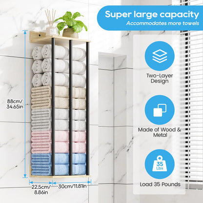 WeGXY Towel Racks for Bathroom Wall Mounted, 3 Bar Wall Towel Rack for Rolled Towels, Metal Towel Holder with Wooden Shelf, Sturdy and Large Capacity, Towel Storage Organizer