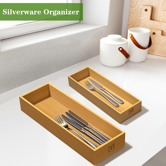 guiogc Bamboo Drawer Silverware Organizer, Set of 4 | Flatware Organizer, Large 14.2"x5"x2", Small 9.85"x3.55"x1.78", For Office, Bathroom Storage