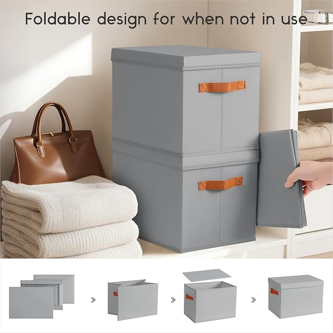 Homsorout Storage Bins with Lids - Large Fabric Closet Bins with Lid, 6 Pack Clothes Organizers and Storage, Collapsible Stackable Cube Basket for Home, Office, Dorm, Grey