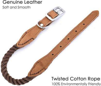 Mile High Life Genuine Leather Dog Collar, Durable Braided Cotton Rope Collar with Metal Pin Buckle for Small Medium Large Dogs (Dark Brown, L Neck 17"-21")