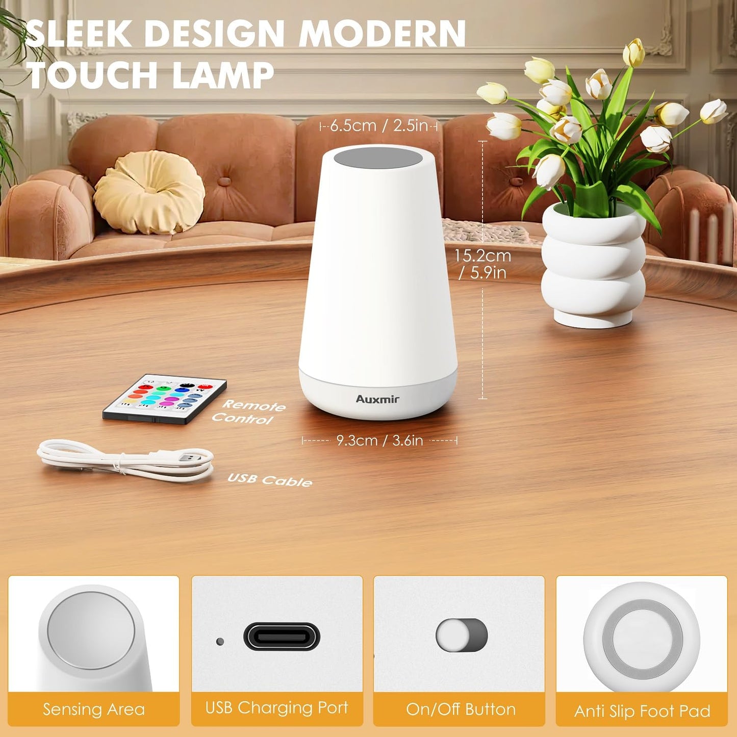 Auxmir LED Night Light Bedside Lamp Touch and Remote Control Dimmable Tabletop 13 RGB Colors Changing 5 Brightness Adjustable Rechargeable Portable Lamp for Baby Kids Nursery Bedroom Bathroom Camping