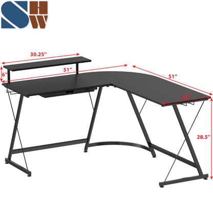 SHW 51 x 51 Inches Vista L-Shaped Desk with Monitor Stand and Drawer, Black