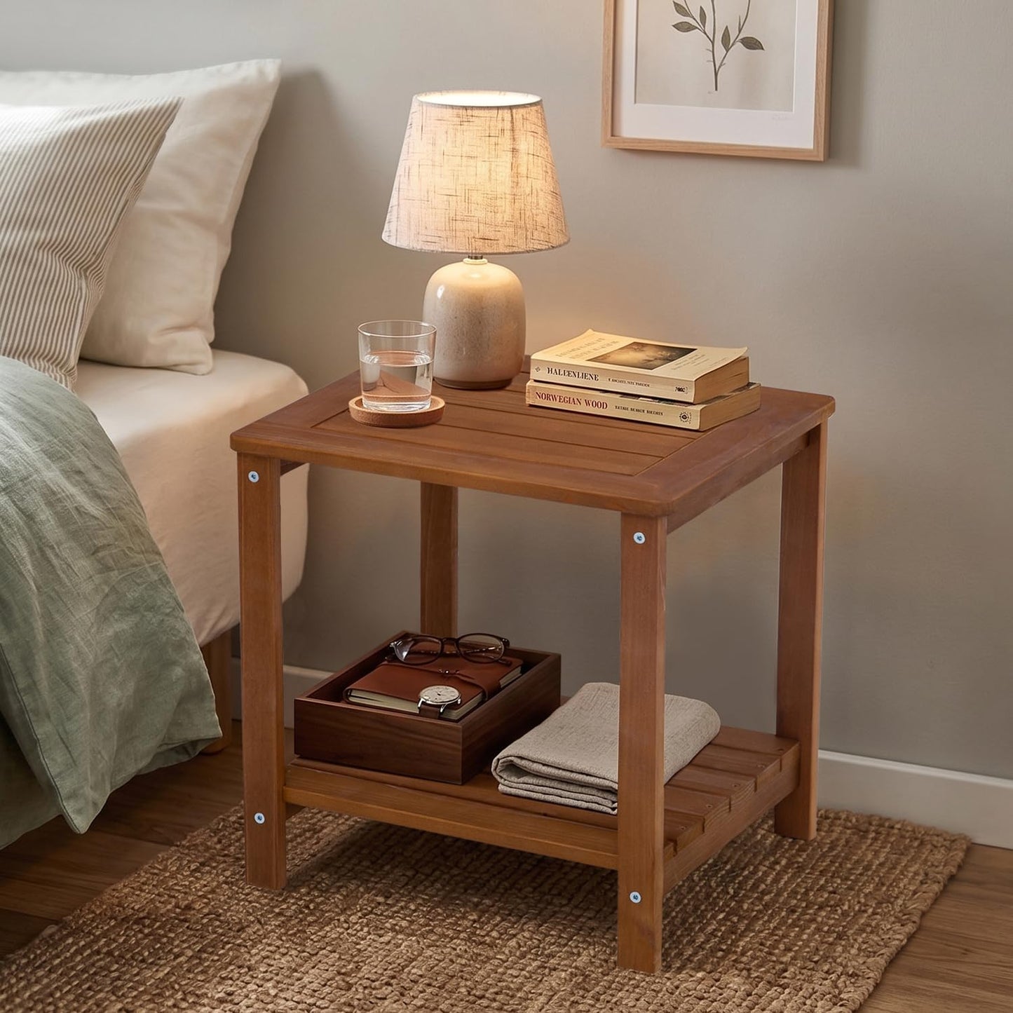 PHOARTS Solid Fir Wood Outdoor Side Table,2 Tier Small Patio End Table with Slatted Storage Shelf,Wooden Accent Table for Porch,Poolside,Garden,Living Room, Bedroom, 16.5 x 12.7 x 17 in,Brown
