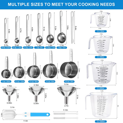 Measuring Cups and Spoons Set 26 Piece, 11 Stainless Steel Nesting Measuring Spoons and Cups with 8 Plastic Measuring Cup, 3 Funnel, 3 Brush, 1 Ruler, Measuring Cup Set for Kitchen Baking Liquid Dry